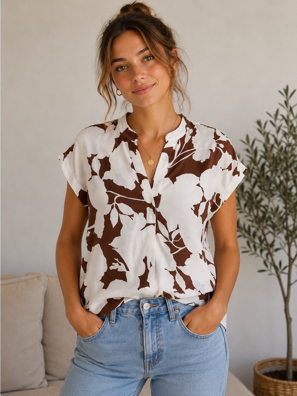 RACHEL Rachel Roy White and Brown Floral Split-Neck Blouse
